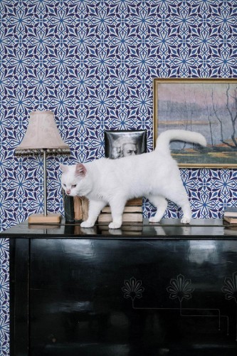 Industrial style music room decorated with Oriental tile peel and stick wallpaper