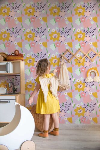 Fancy Walls self-adhesive wallpaper featuring abstract lavender summer flowers