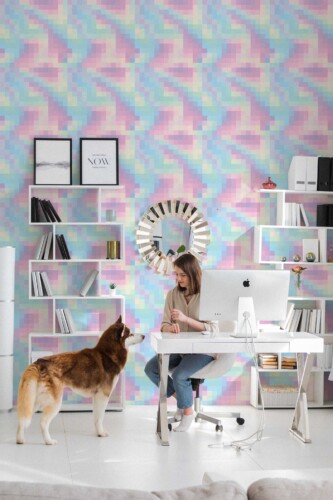 Pastel Pixel peel and stick or non-pasted wallpaper. Fancy Walls abstract pixelated gradient wallpaper for office and game room in pastel colors - self-adhesive or traditional wallpaper