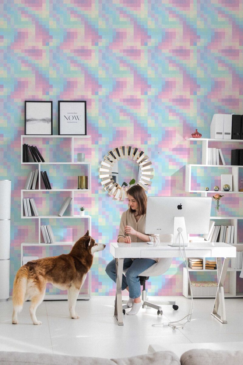Pastel Pixel peel and stick or non-pasted wallpaper. Fancy Walls abstract pixelated gradient wallpaper for office and game room in pastel colors - self-adhesive or traditional wallpaper