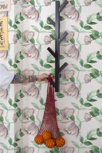 Scandinavian style kitchen decorated with Peony floral peel and stick wallpaper
