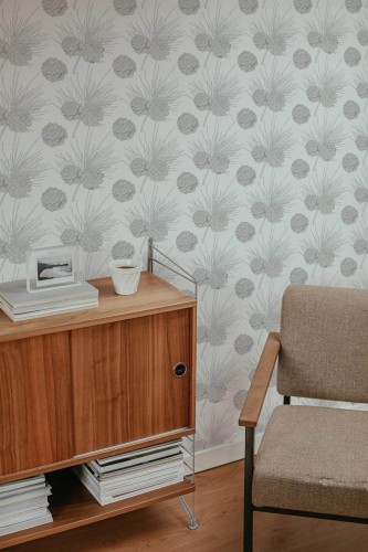 Mid-century style living room decorated with Pine branch peel and stick wallpaper