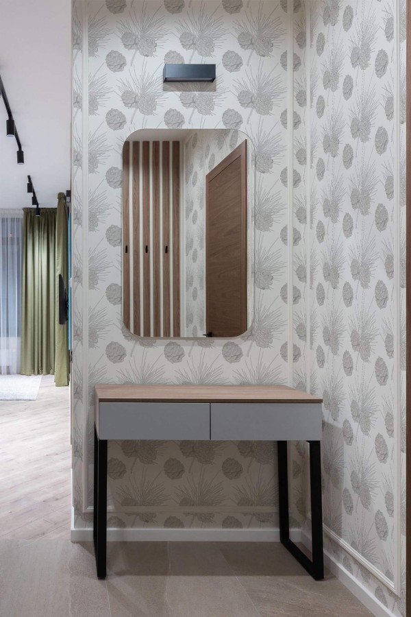 Modern scandinavian style entryway decorated with Pine branch peel and stick wallpaper