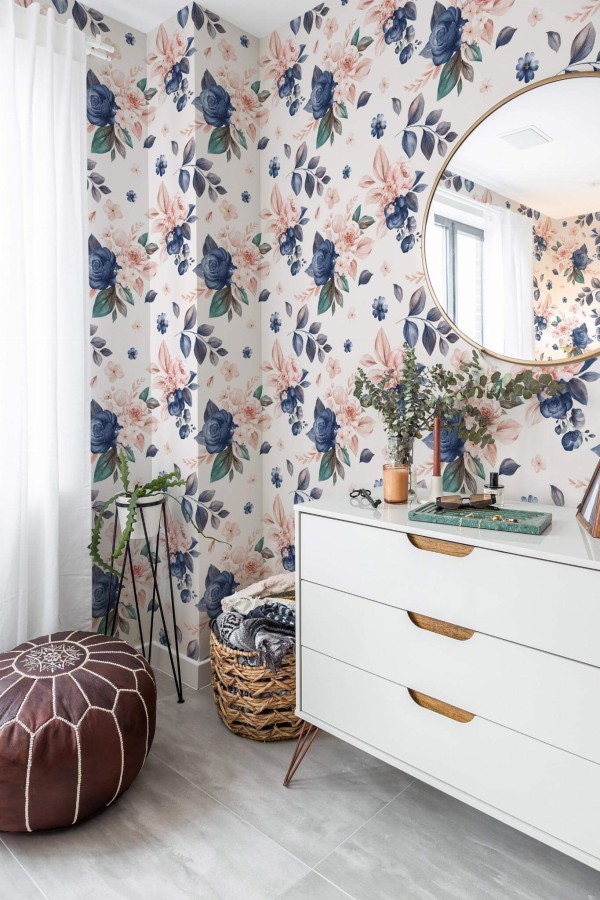 Minimal Mediterranean style powder room decorated with Pink and blue rose peel and stick wallpaper