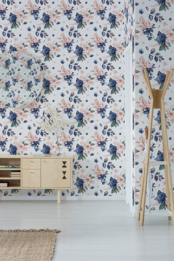 Minimal style entryway decorated with Pink and blue rose peel and stick wallpaper