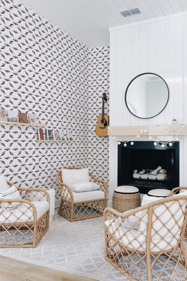 Minimal bohemian style living room decorated with Pink and gray diamond peel and stick wallpaper