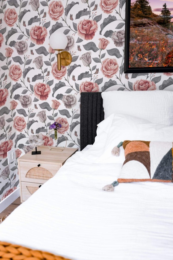 Modern style bedroom decorated with Pink and gray rose peel and stick wallpaper