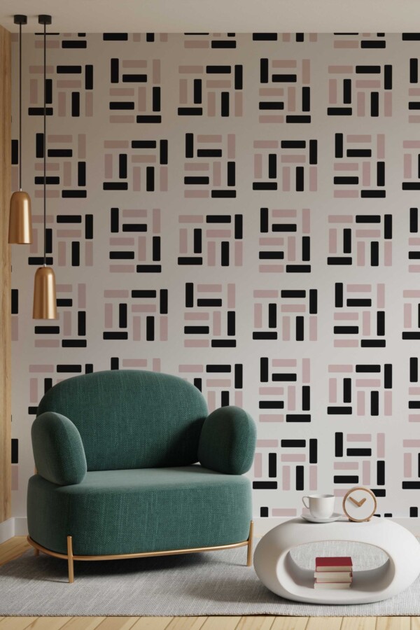 Fancy Walls peel and stick wallpaper with black and pink geometric blocks