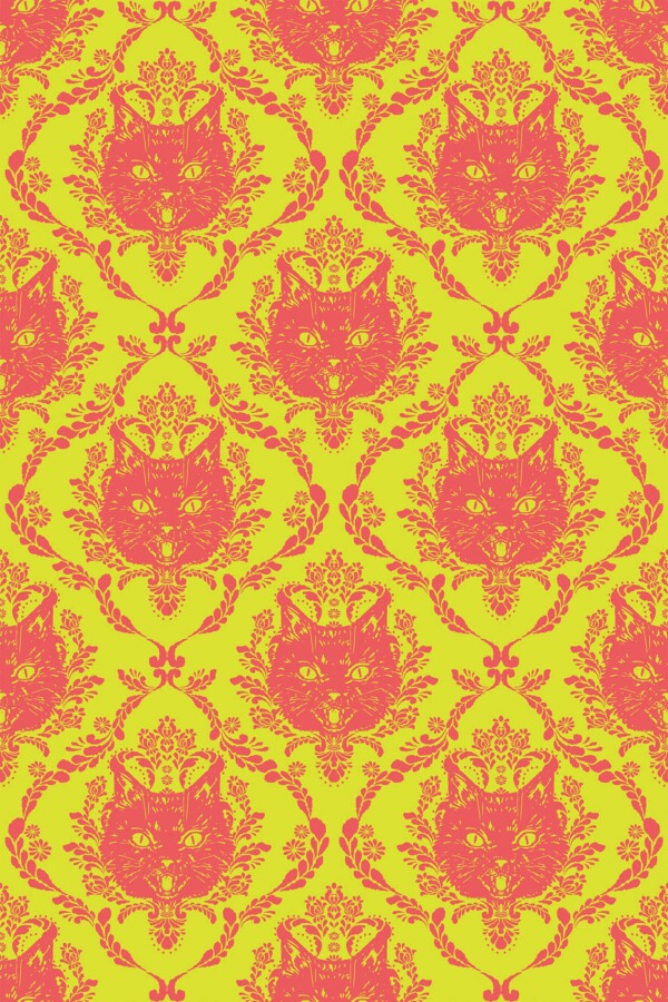 Fancy Walls self-adhesive wallpaper with pink cats on chartreuse