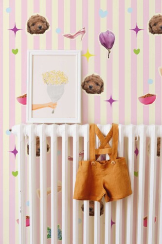 Toy Poodle peel and stick or non-pasted nursery wallpaper. Fancy Walls removable self-adhesive or traditional PVC-free and eco-friendly cute pink striped wallpaper with puppies for kids room