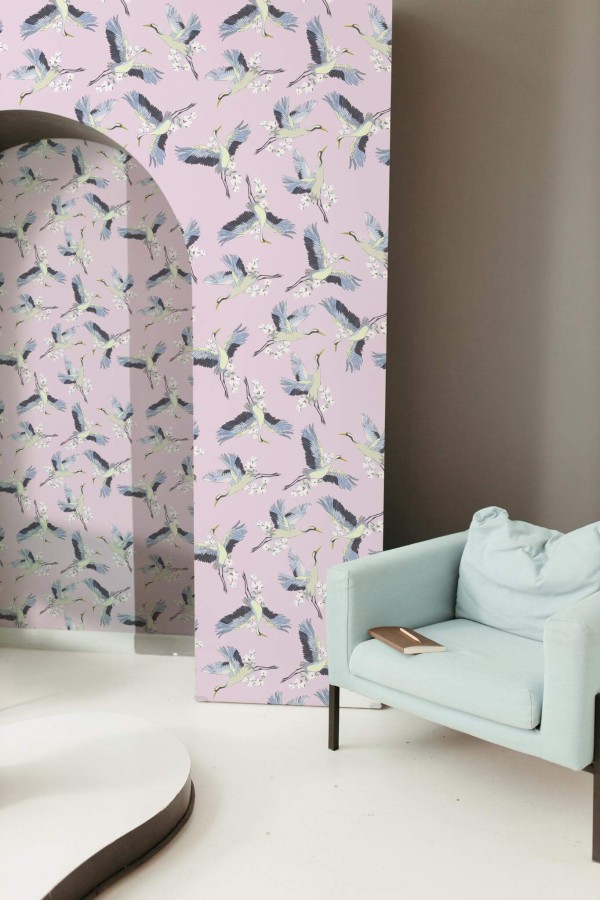 Mondern boho style living room decorated with Pink crane peel and stick wallpaper