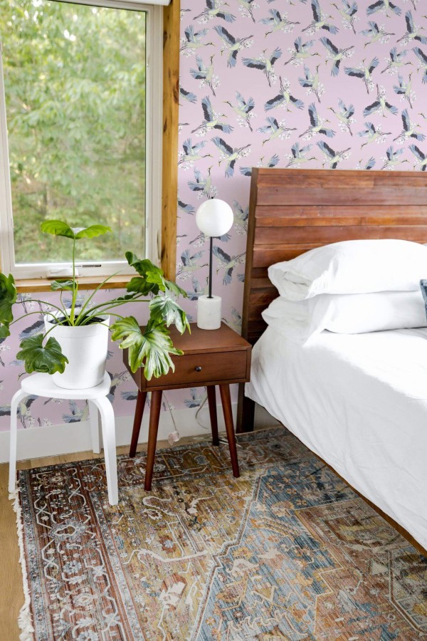 Rustic style bedroom decorated with Pink crane peel and stick wallpaper