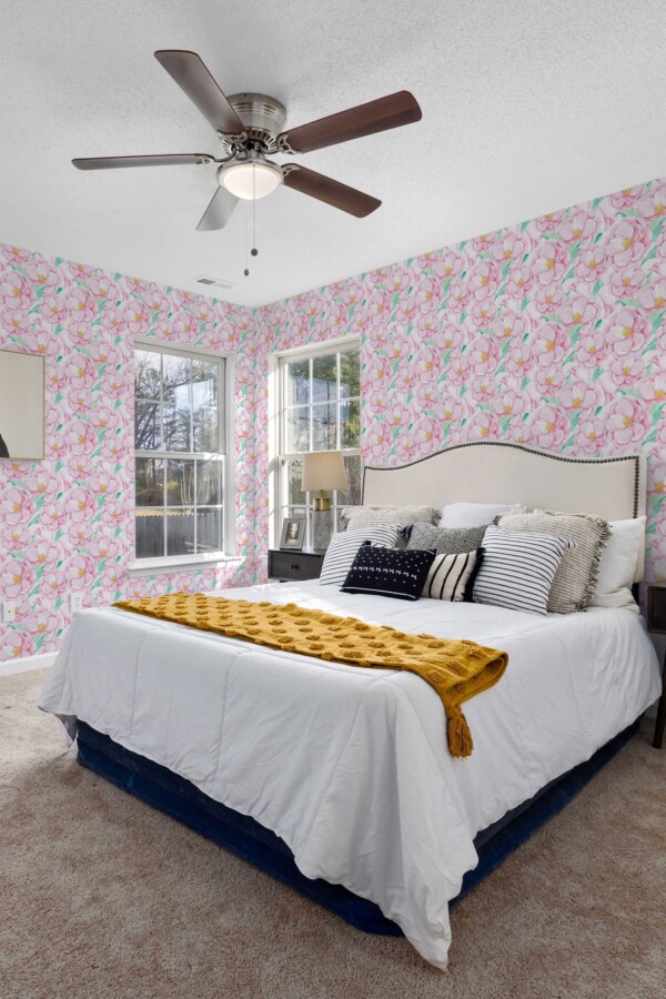 Delicate botanical self-adhesive wallpaper with pink peonies by Fancy Walls