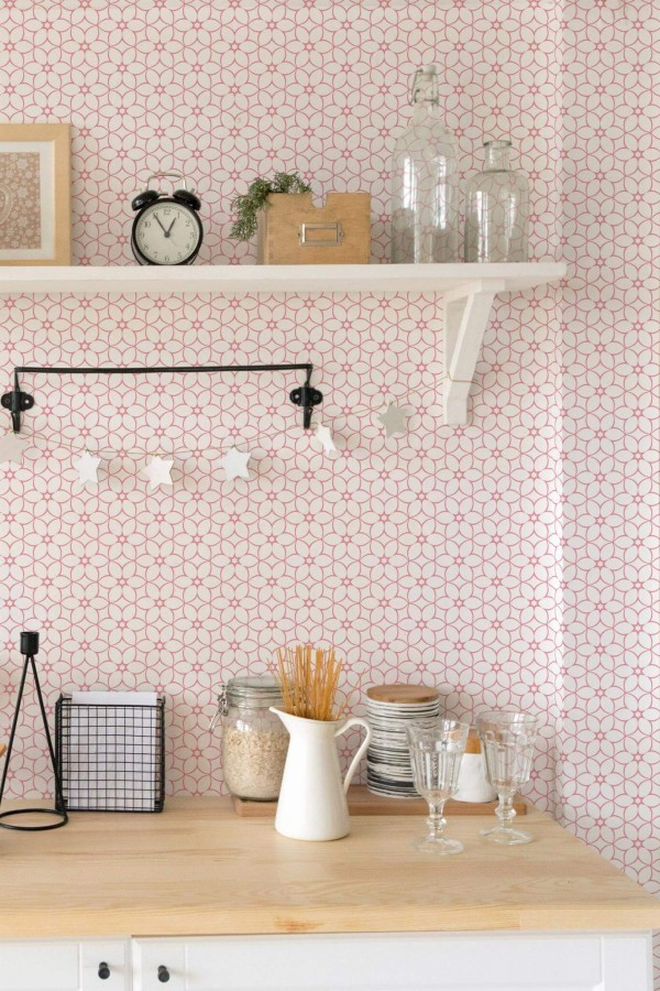 Light farmhouse style kitchen decorated with Pink geometric floral peel and stick wallpaper