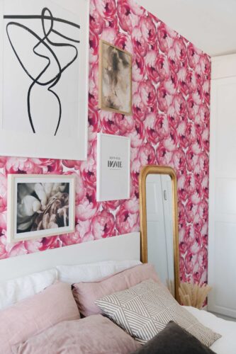 Feminine floral self-adhesive wallpaper with pink peonies by Fancy Walls
