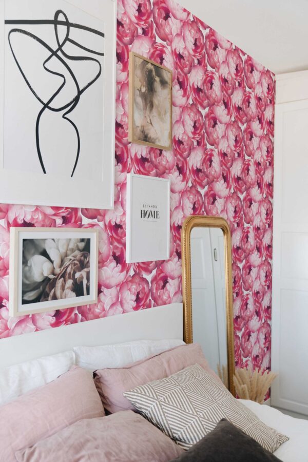 Feminine floral self-adhesive wallpaper with pink peonies by Fancy Walls