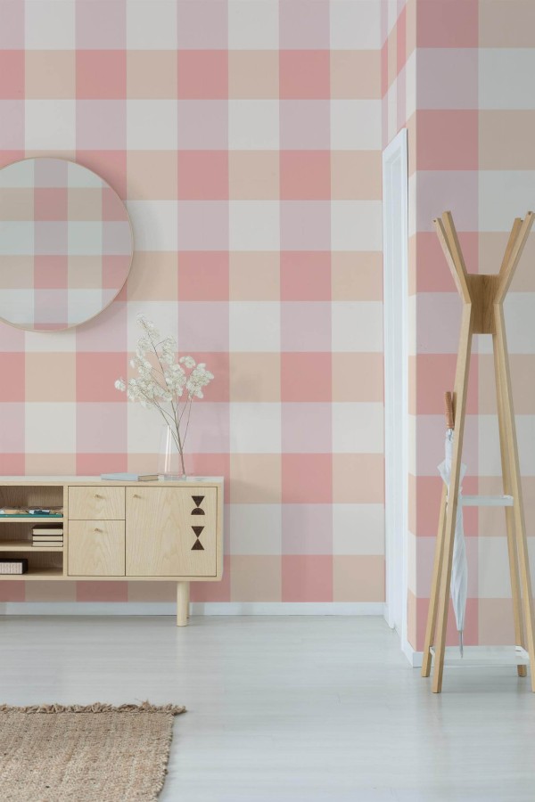 Minimal style entryway decorated with Pink square peel and stick wallpaper