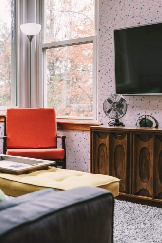 Rustic style living room decorated with Pink terrazzo peel and stick wallpaper