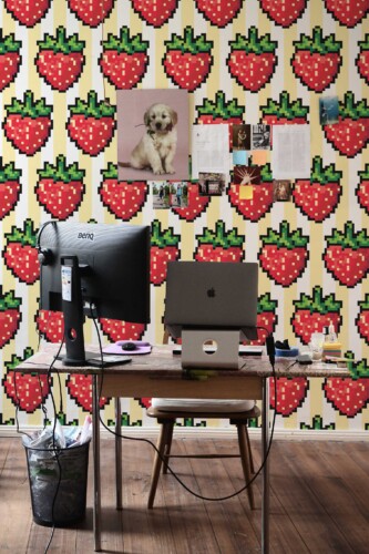 Fancy Walls self-adhesive wallpaper with striped background and red strawberries