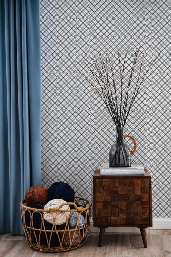 Coastal style living room decorated with Plaid peel and stick wallpaper