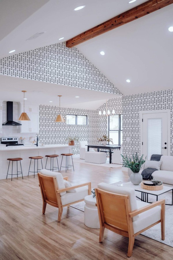 Contemporary style living room and kitchendecorated with Plant pattern peel and stick wallpaper