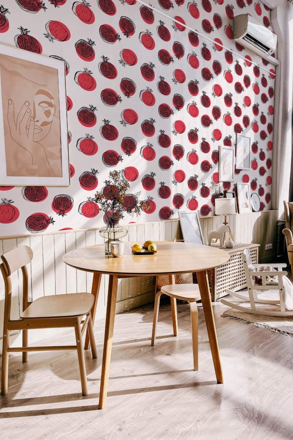 Modern boho style dining living room decorated with Pomegranate peel and stick wallpaper