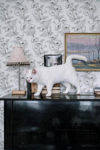 Industrial style music room decorated with Poppy peel and stick wallpaper