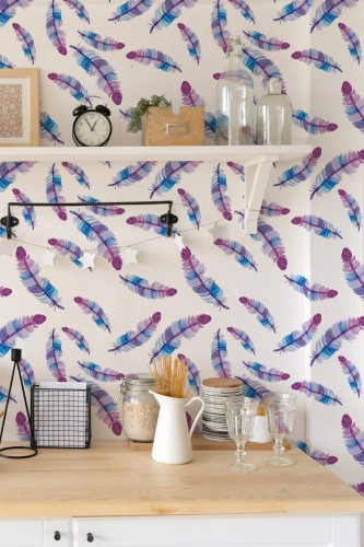 Light farmhouse style kitchen decorated with Purple Feather peel and stick wallpaper