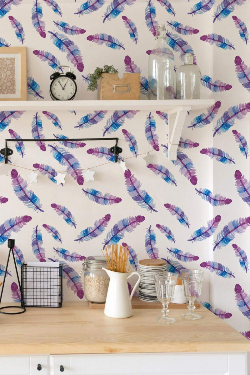 Light farmhouse style kitchen decorated with Purple Feather peel and stick wallpaper