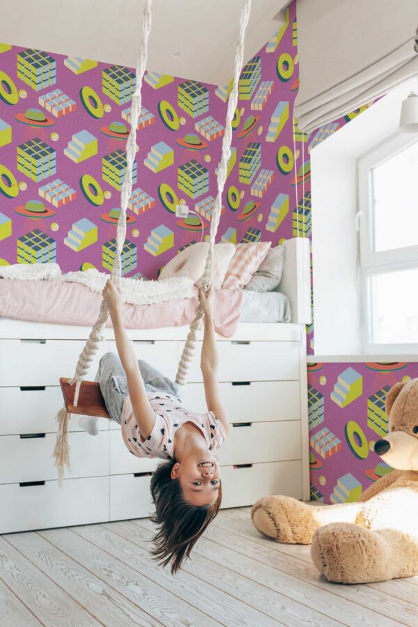Peel and stick wallpaper with purple and chartreuse retro forms by Fancy Walls