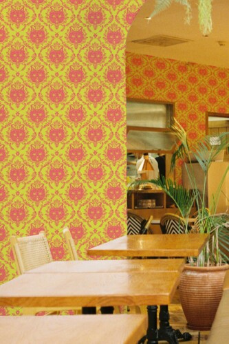 Traditional wallpaper by Fancy Walls featuring chartreuse and pink damask cats