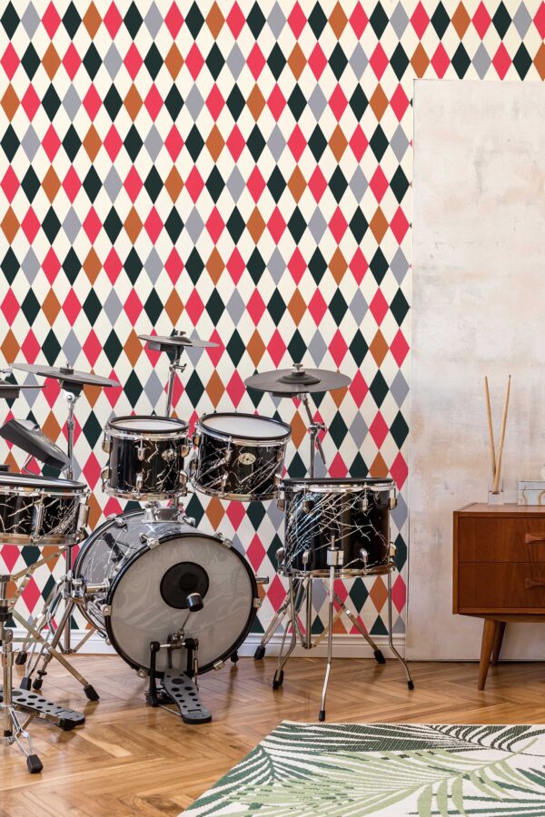 Eclectic self-adhesive wallpaper with colorful geometric blocks by Fancy Walls