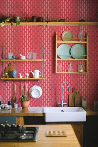 Fancy Walls removable wallpaper for kitchen with red art deco fan shapes