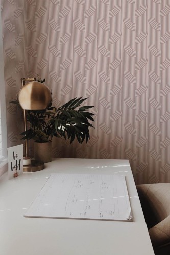 Rustic style home office decorated with Retro lines peel and stick wallpaper