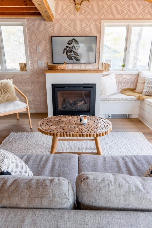 Farmhouse boho style living room decorated with Retro peel and stick wallpaper
