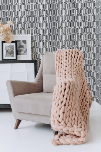 Boho style living room decorated with Retro twenties peel and stick wallpaper