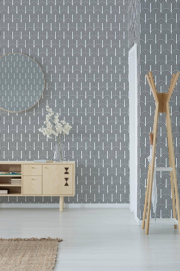 Minimal style entryway decorated with Retro twenties peel and stick wallpaper