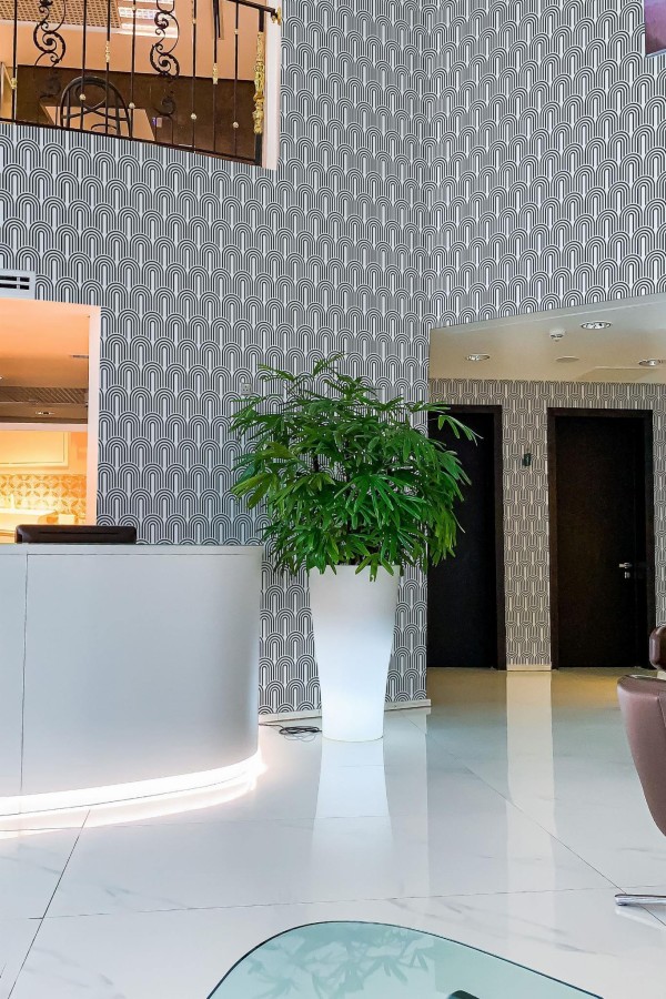 Modern style hallway in a hotel decorated with Retro twenties peel and stick wallpaper
