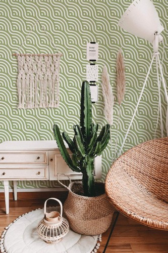 Bohemian style living room decorated with Retro waves peel and stick wallpaper