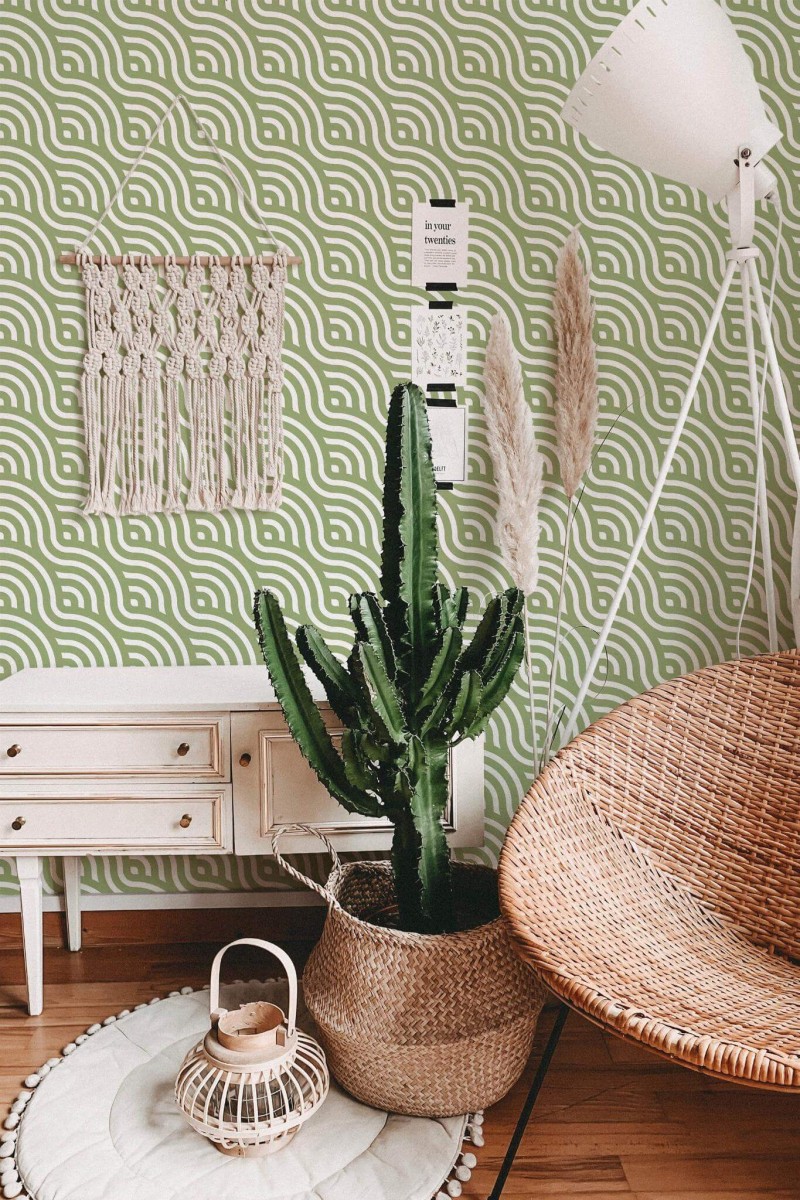 Bohemian style living room decorated with Retro waves peel and stick wallpaper