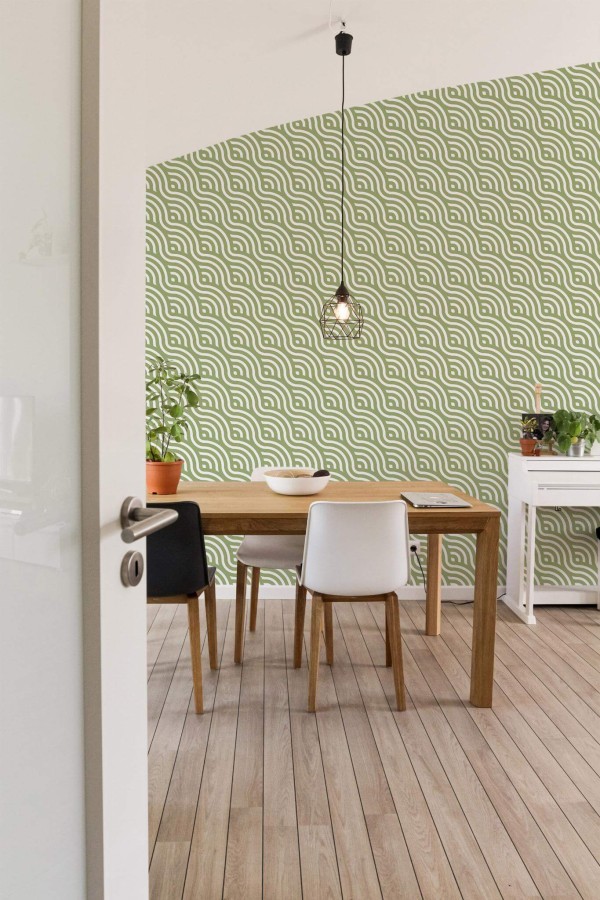 Minimal farmhouse style dining room decorated with Retro waves peel and stick wallpaper