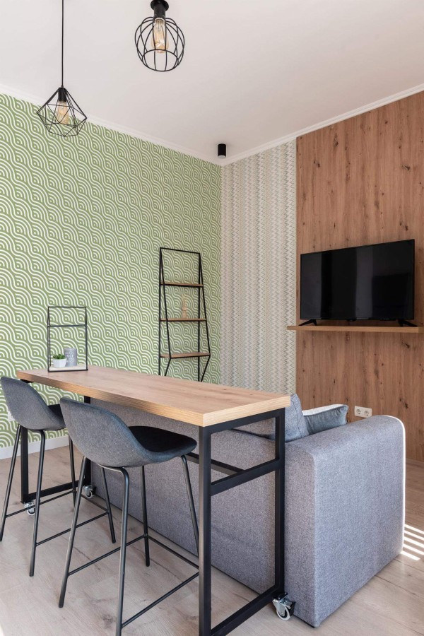 Scandinavian style open living room decorated with Retro waves peel and stick wallpaper