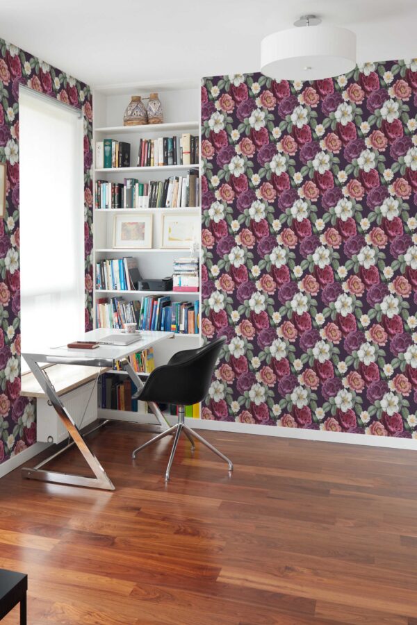 Fancy Walls peel and stick wallpaper with colorful blooming roses pattern