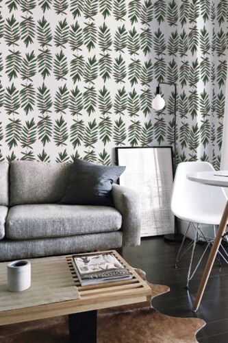 Fancy Walls removable wallpaper with earthy botanical leaf design. Green Leaves peel and stick or non-pasted wallpaper for accent wall