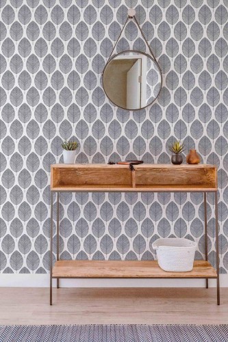 Contemporary style entryway decorated with Scandi Leaf peel and stick wallpaper