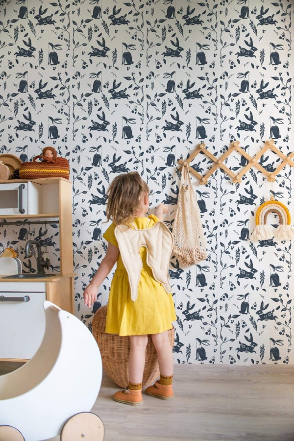 Bohemian style kids room decorated with Scandinavian animal peel and stick wallpaper