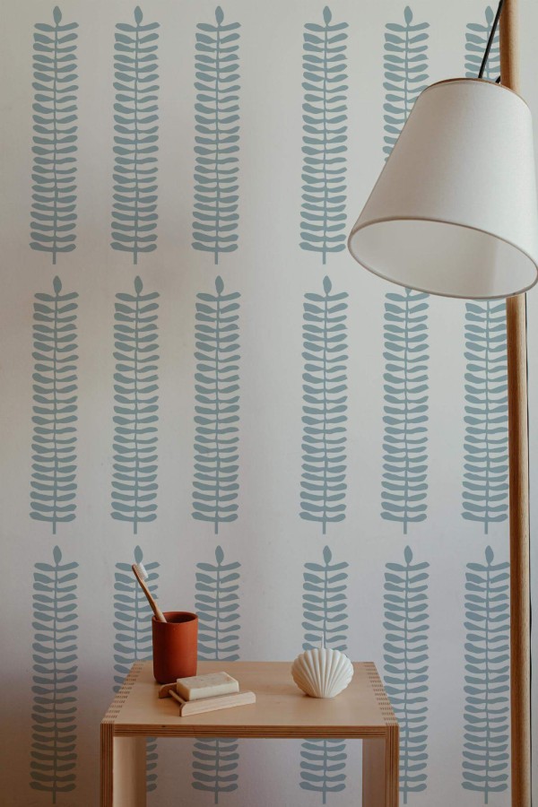 Minimal style bathroom decorated with Scandinavian leaf peel and stick wallpaper
