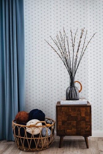 Coastal style living room decorated with Seamless geometric peel and stick wallpaper