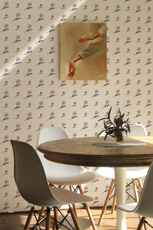 Scandinavian farmhouse style dining room decorated with Simple floral peel and stick wallpaper