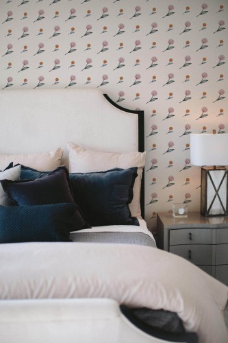 Shabby chic style bedroom decorated with Simple floral peel and stick wallpaper